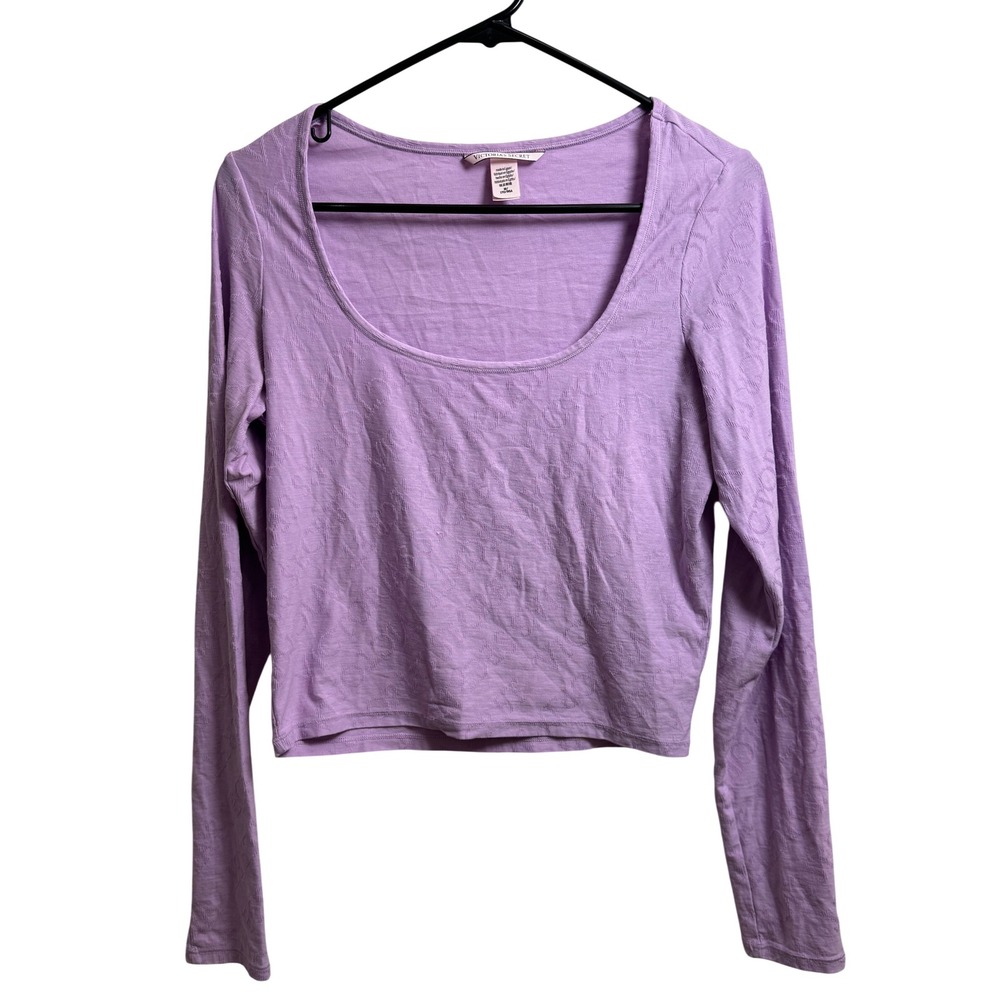 Victoria's Secret Womens M Purple Logo Jacquard Scoop Neck Long Sleeve Crop Top